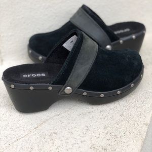 Crocs- Black Suede Studded Clogs, Size 7